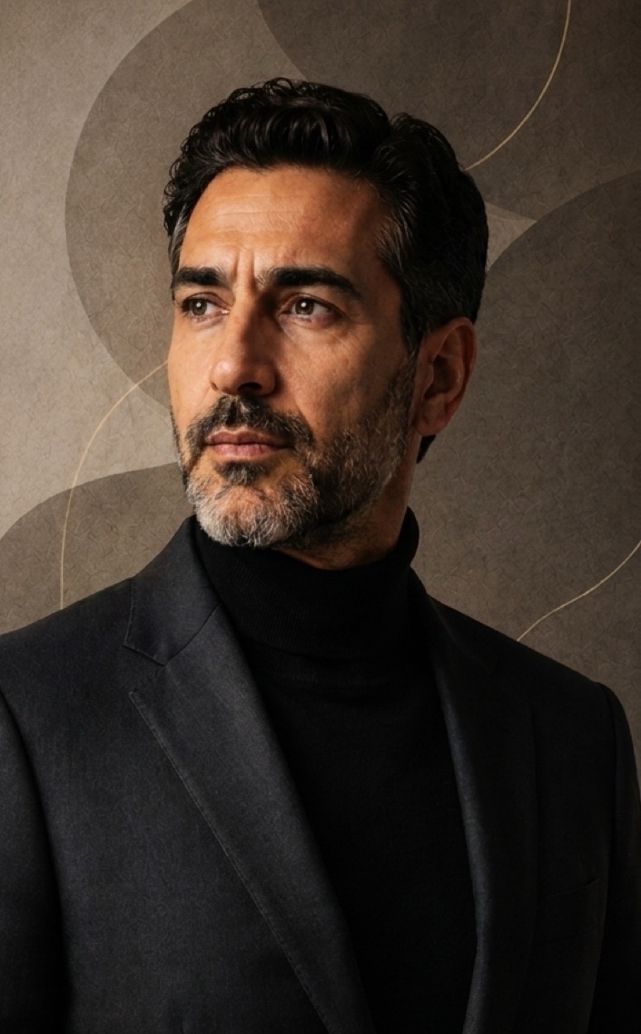 A founder in a dark suit and black turtleneck, photographed against a warm studio backdrop